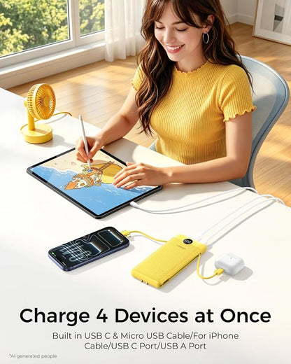VEGER Portable Charger with Built-in AC Plug and Cables, All in One 10000mAh Ultra Slim Power Bank Travel Essentials, USB C External Battery Pack Compatible with iPhone, Samsung, More, Yellow