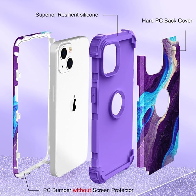 Hocase for iPhone 14 Plus Case, Heavy Duty Shockproof Protection Soft Silicone Rubber+Hard Plastic Bumpers Hybrid Protective Case for iPhone 14 Plus 6.7" 2022 - Blue Purple Marble