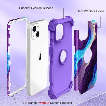 Hocase for iPhone 14 Case/iPhone 13 Case, Heavy Duty Shockproof Protection Soft Silicone Rubber+Hard Plastic Bumpers Hybrid Protective Case for iPhone 13/14 (6.1") - Blue Purple Marble