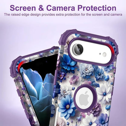 Hocase for iPhone Air Case 6.5", Heavy Duty Shockproof Protection Soft Silicone Rubber+Hard Plastic Bumpers Hybrid Protective Case for iPhone Air 2025 - Blue Purple Flowers