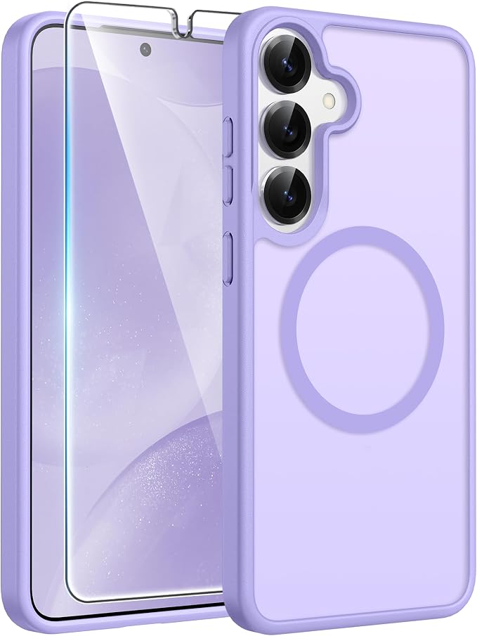FNTCASE for Samsung Galaxy S25/S24 Case, Fit for Magsafe, Screen Protector | Translucent Matte Magnetic Back, 14FT Military Grade Drop Protection, Shockproof Protective Phone Cover, Light Purple
