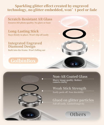 GolbinBox Camera Lens Protector for iPhone 14 Pro/14 Pro Max, 1:1 Invisible Fit, 9H Tempered Glass Ultra HD Metal Individual Camera Cover for Women, Case Friendly, Bling/Silver