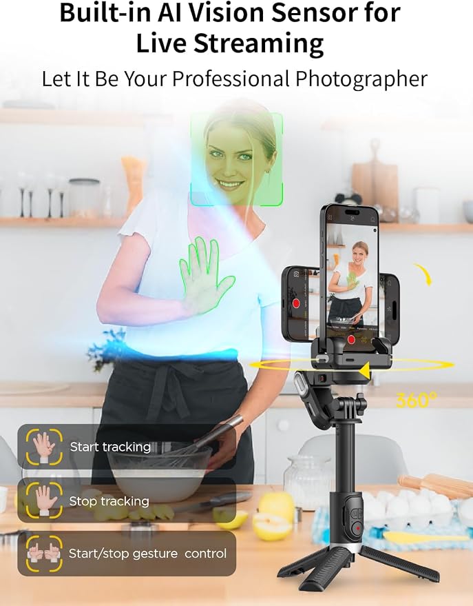 AOCHUAN Gimbal Stabilizer for Smartphone, 4 in 1 Phone Gimbal w/360° Rotation for iPhone/Andriod Sefie Stick Tripod w/Auto Face Tracking and Wireless Remote for TIK Tok YouTube Vlogging-M1 Pro Black