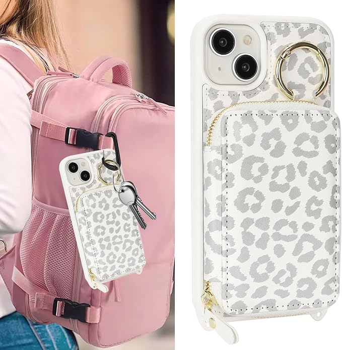 Crossbody Wallet Case for iPhone 14, PU Leather Zipper Handbag Purse Flip Cover, Kickstand Folio Case with Card Slots Holder Wrist Strap Lanyard 5G 6.1 Inch-White Leopard