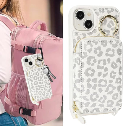 Crossbody Wallet Case for iPhone 14, PU Leather Zipper Handbag Purse Flip Cover, Kickstand Folio Case with Card Slots Holder Wrist Strap Lanyard 5G 6.1 Inch-White Leopard