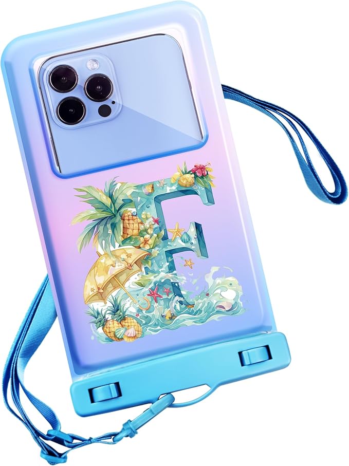 Personalized Initial Waterproof Phone Pouch Case - IPX8 Cellphone Dry Bag with Lanyard for iPhone 16/15/14/13/12 Pro Max (6.1–6.9"), Beach & Cruise Ship Essentials with Monogrammed Design (Blue, F)