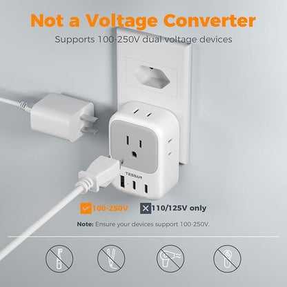 TESSAN US‑Brazil Plug Adapter, Type‑N Adaptor 2‑Pack | 4 Outlets,3 USB Ports (2 USB‑C PD20W), 7‑in‑1 Design