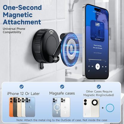 Vacuum Magnetic Shower Phone Holder for Mirror/Tile/Glass/Wood, 360° Adjustable Mirror Phone Holder for Shower/Bathroom/Office/Car with Suction Cup, Shower Phone Mount for iPhone MagSafe and Android