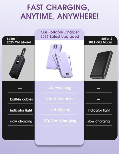 Portable Charger, 10000mAh PD20W USB C Fast Charging Power Bank with Built-in Cables and AC Wall Plug, Smart LED Display Travel Essentials Battery Pack Compatible with iPhone, iPad, Samsung etc Purple