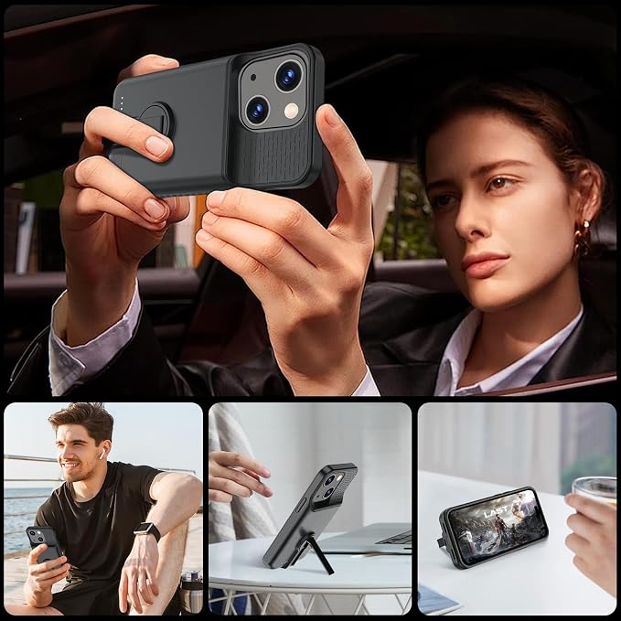 GIN FOXI Battery Case for iPhone 15/15 Pro, Rechargeable Charging Case with Stand 7000mAh Ultra-Slim Anti-Fall Protection Extended Battery Pack Juice Box for iPhone 15/15 Pro 6.1" Black