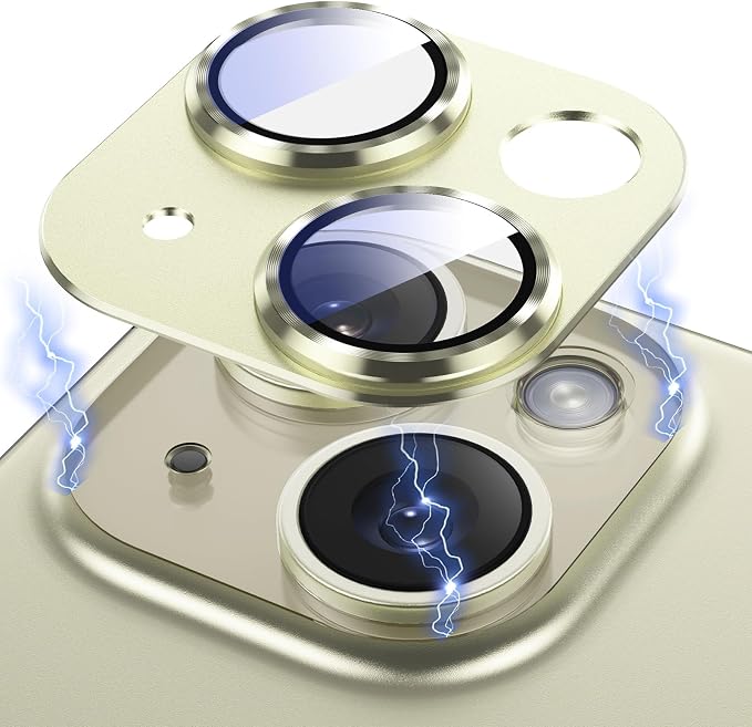 AFARER 2025 Camera Lens Protector for iPhone 15 or iPhone 15 Plus, Upgraded 3D Metal Anti-Scratch Camera Cover with 9H Tempered Glass Screen Protector, Camera Lens Cover Film Strong Adsorption -Yellow