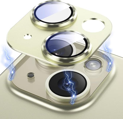 AFARER 2025 Camera Lens Protector for iPhone 15 or iPhone 15 Plus, Upgraded 3D Metal Anti-Scratch Camera Cover with 9H Tempered Glass Screen Protector, Camera Lens Cover Film Strong Adsorption -Yellow