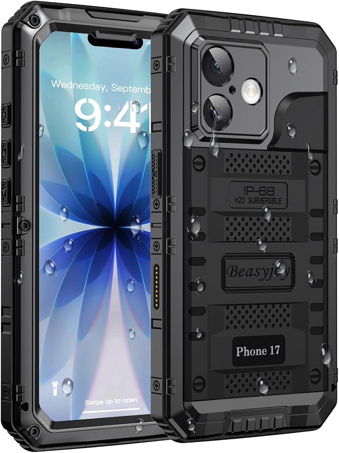 Beasyjoy for iPhone 17 Case Waterproof, Heavy Duty Metal Full Body Protection, Built-in Screen Protector, Military Grade Shockproof Dustproof Rugged Cover for iPhone 17 6.3 inch, Black