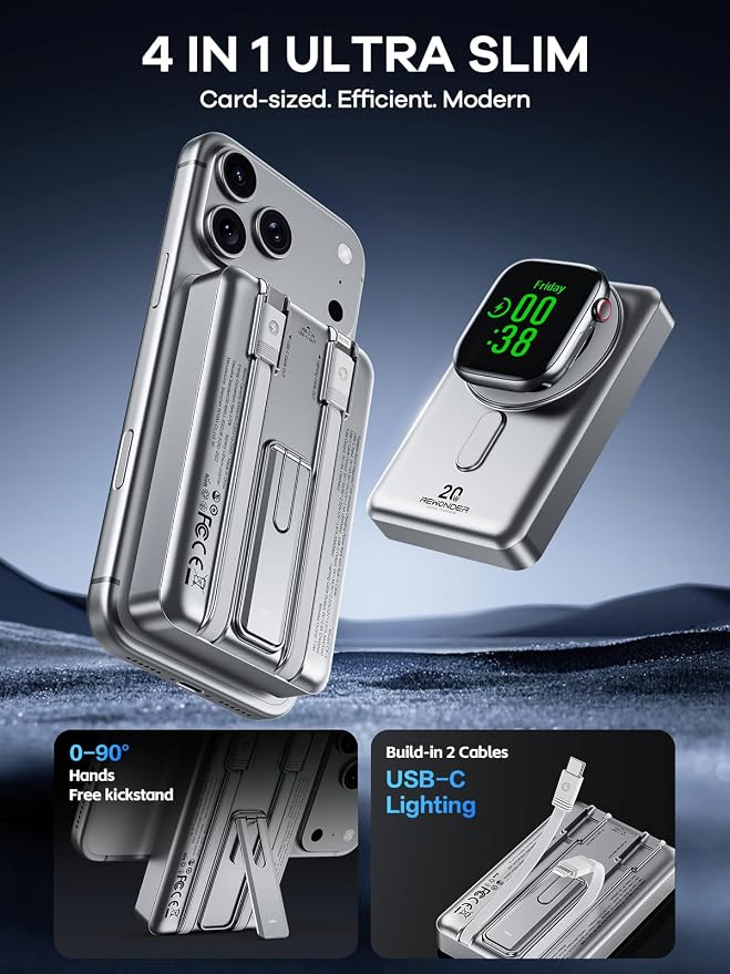 Magsafe Charger 10000mAh PD 20W Power Bank for iPhone & Apple Watch | Magnetic power bank, built-in 2 charging cables, PD 20W fast charge, compatible with iPhone 12-17 & Apple Watch Series