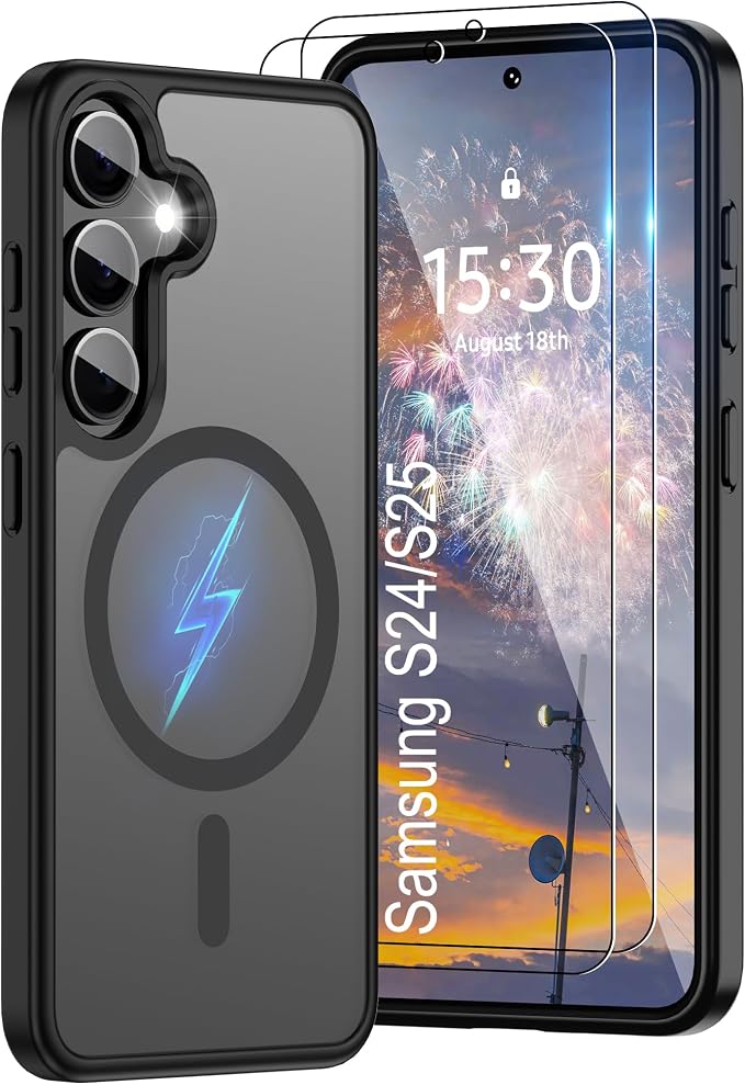 For Samsung Galaxy S24 Case & Galaxy S25 Case [Compatible with Magsafe] Translucent Matte Magnetic Phone Case,Slim Thin Duty Shockproof Protection Cover with 2pc HD Screen Protector for S24/S25-Black