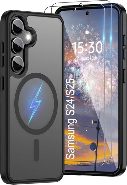 For Samsung Galaxy S24 Case & Galaxy S25 Case [Compatible with Magsafe] Translucent Matte Magnetic Phone Case,Slim Thin Duty Shockproof Protection Cover with 2pc HD Screen Protector for S24/S25-Black
