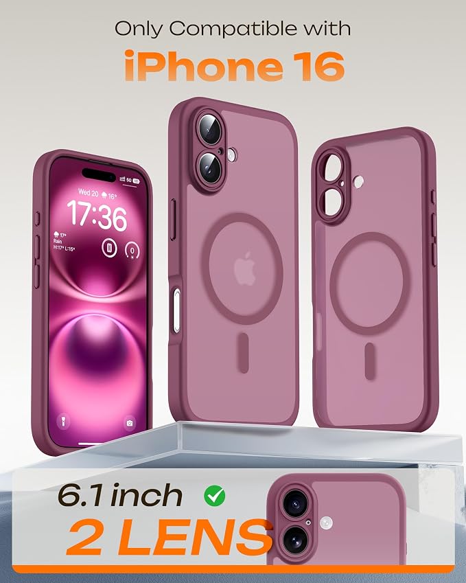 TOCOL for Phone 16 Case, Compatible with Magsafe Charger, Full Camera Protection, Drop Protection, Translucent Matte Phone Case for iPhone 16 6.1 inch (Plum)
