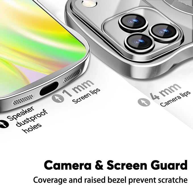 Misscase Designed for iPhone 17 Pro Case 6.3",with Privacy Screen Protector*1,Cute Wave Frame Case with Camera Lens Protector,Compatible with MagSafe Plating Bling for Women Silver
