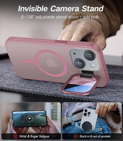 for iPhone 15 Case with Camera Cover Stand [Built-in 9H Camera Lens Protector][Fit for Magsafe] Military Grade Shockproof Translucent Matte Magnetic Phone Case 6.1", Pink