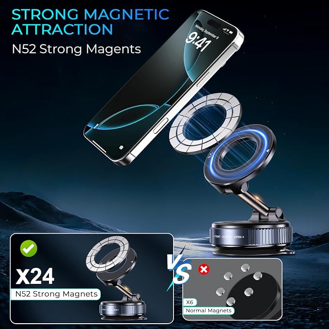 Vacuum Magnetic Phone Holder, Compatible with Magsafe iPhone and All Smartphones, Car/Gym/Kitchen/Mirror/Smooth Surface, Vacuum Suction Phone Mount