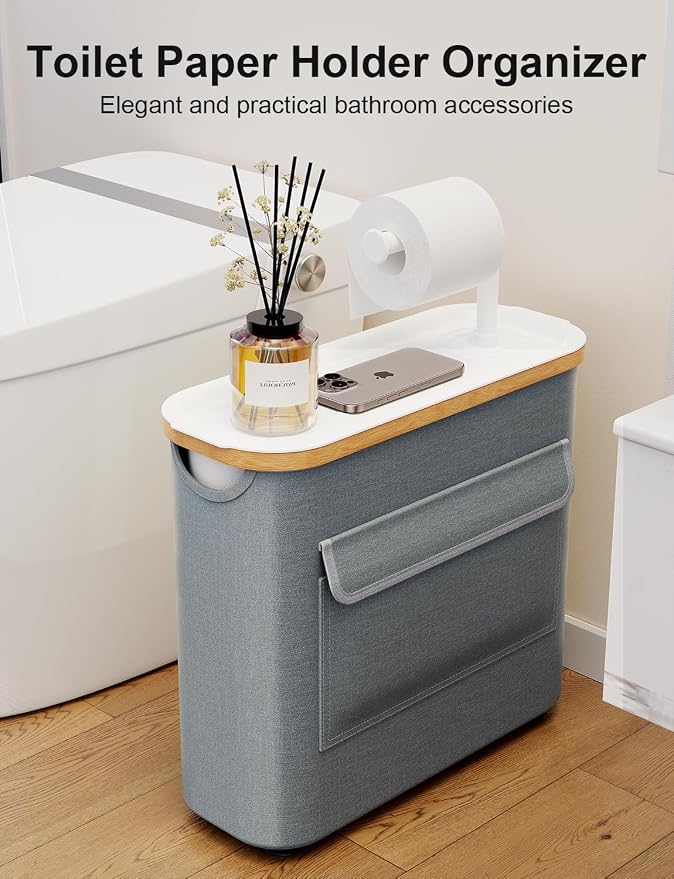 TAZENI Toilet Paper Storage Basket Holder Holds 9-12 +1 Rolls Elegant Multi-Functional Bathroom Toilet Paper Holder Stand Storage Organizer Waterproof with Tray Hold Phone Wet Wipes Gray