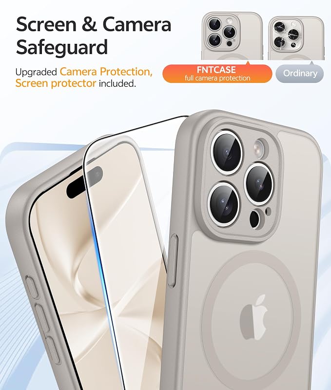 FNTCASE for iPhone 15 Pro Max Case: [Compatible with Magsafe] Translucent Matte Cases with [Full Camera Protection] [Screen Protector] Military Grade Shockproof Protective Phone Cover - Off White