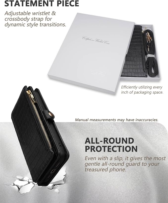 Crossbody Wallet Case for iPhone 15 Pro with Mirror, Wrist Strap, Zipper Purse Magnetic Flip RFID Blocking Card Holder, Wireless Charging, PU Leather Shockproof 6.1" Women (Black)