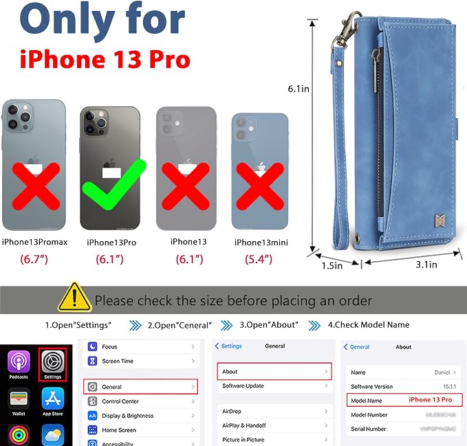 Wallet Case for iPhone 13 Pro with Card Holder/Crossbody Wallet/Strap| RFID Blocking | Magnetic | Kickstand | Detachable | PU Leather Phone Case for iPhone 13 Pro,6.1 in,Sky Blue