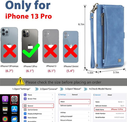 Wallet Case for iPhone 13 Pro with Card Holder/Crossbody Wallet/Strap| RFID Blocking | Magnetic | Kickstand | Detachable | PU Leather Phone Case for iPhone 13 Pro,6.1 in,Sky Blue