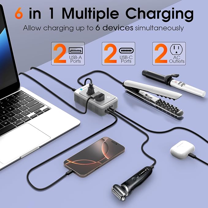 220V to 110V Voltage Converter US to Europe for Curling Iron and Hair Straighteners, Power Converter for European Travel Plug Adapter with 2 USB A & 2 USB C Ports (Grey)