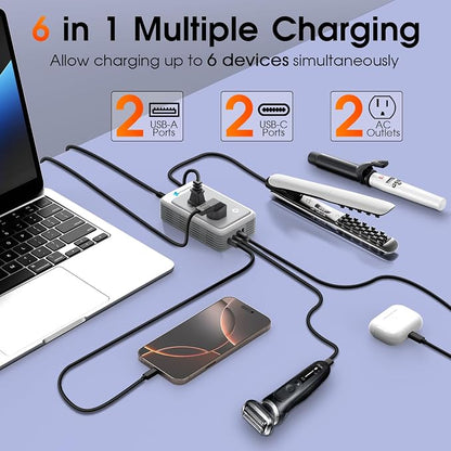 220V to 110V Voltage Converter US to Europe for Curling Iron and Hair Straighteners, Power Converter for European Travel Plug Adapter with 2 USB A & 2 USB C Ports (Grey)