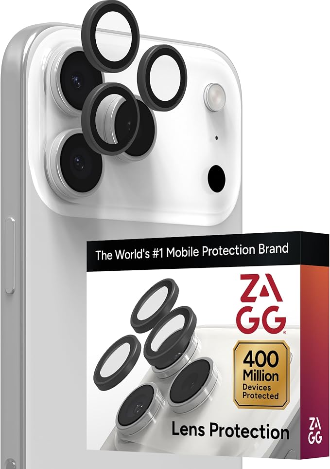 ZAGG iPhone Camera Lens Protector for iPhone 17/16/15 Pro and Pro Max Models - Silver, Camera Ring, Maximum Impact & Scratch Protection, Anti-Reflective Technology, Smudge-Resistant, Glass Elite