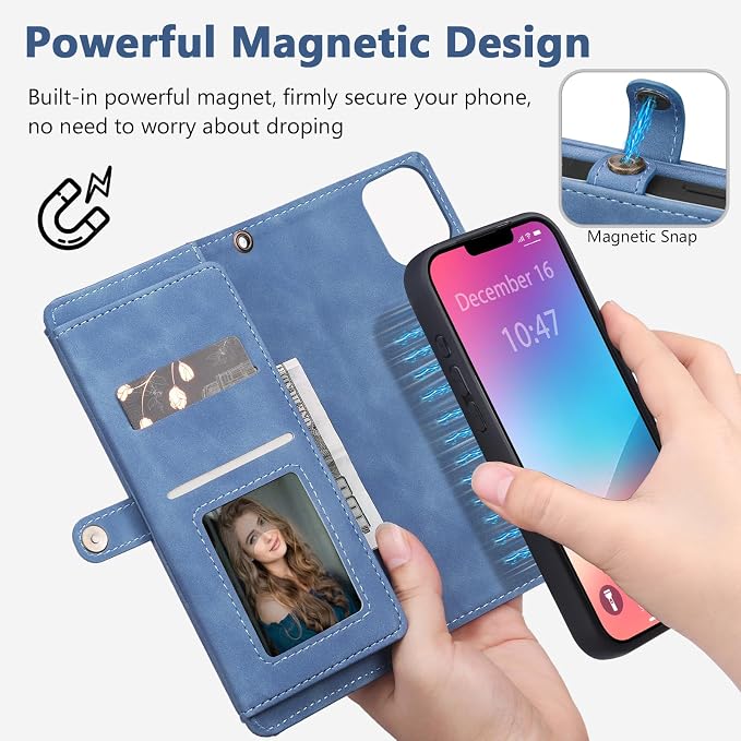 Wallet Case for iPhone 13 Pro Max with Card Holder/Crossbody Wallet/Strap| RFID Blocking | Magnetic | Kickstand | Detachable | PU Leather Phone Case for iPhone 13 Pro Max,6.7 in,Sky Blue