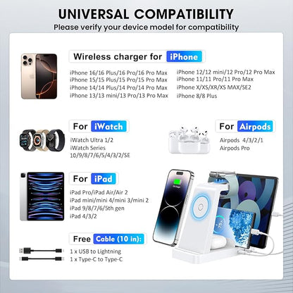 Wireless Charger for iPhone - 5 in 1 Charging Station for Multiple Devices Apple: Fast Wireless Charging Stand Dock for iPhone 17 16e 16 15 14 13 12 Pro Max Apple Watch Airpods(White)