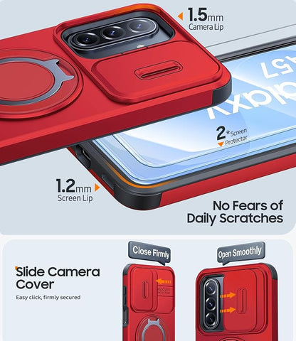 JAME for Samsung Galaxy A57 5G Case, Ring Holder Stand Kickstand, Slide Camera Cover, 2 Screen Protectors, Dual-Layer Shockproof Protective, Magnetic Accessory Friendly Galaxy A57 Phone Case, Red