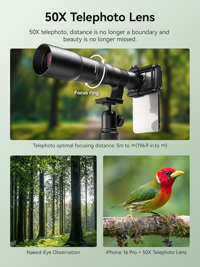 MIAO LAB 50X HD Ultra Telephoto Lens for iPhone and Most Smartphone, with Tripod & Universal Phone Clip, Suitable for Indoor and Outdoor Shooting and Watch Concert, Moon Viewing