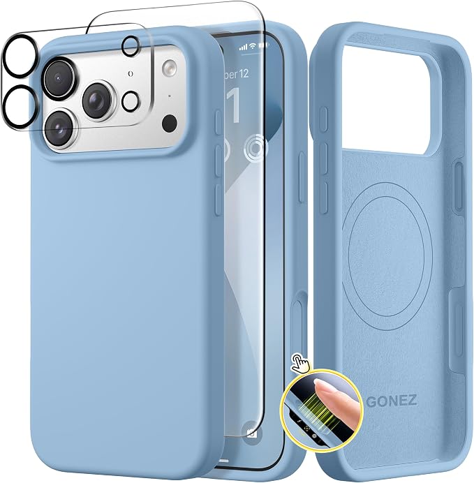 GONEZ Magnetic for iPhone 17 Pro Case, Compatible with MagSafe, [Screen Protector + Camera Lens Protector], Liquid Silicone Anti-Scratch Shockproof Protective Phone Case 6.3 inch, Mist Blue