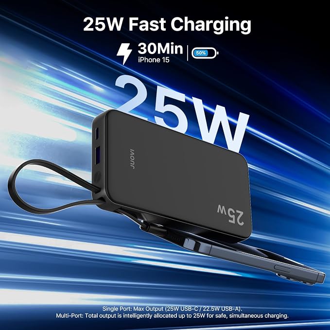 JUOVI 25W Portable Charger 10000mah Power Bank Built-in USB-C Cable | Battery Pack with LED Display, Portable Phone Charger for iPhone 17 16 15 14 Samsung S24 S23 iPad Tablets