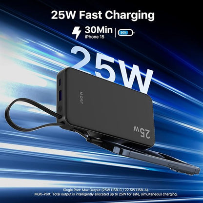 JUOVI 25W Portable Charger 10000mah Power Bank Built-in USB-C Cable | Battery Pack with LED Display, Portable Phone Charger for iPhone 17 16 15 14 Samsung S24 S23 iPad Tablets