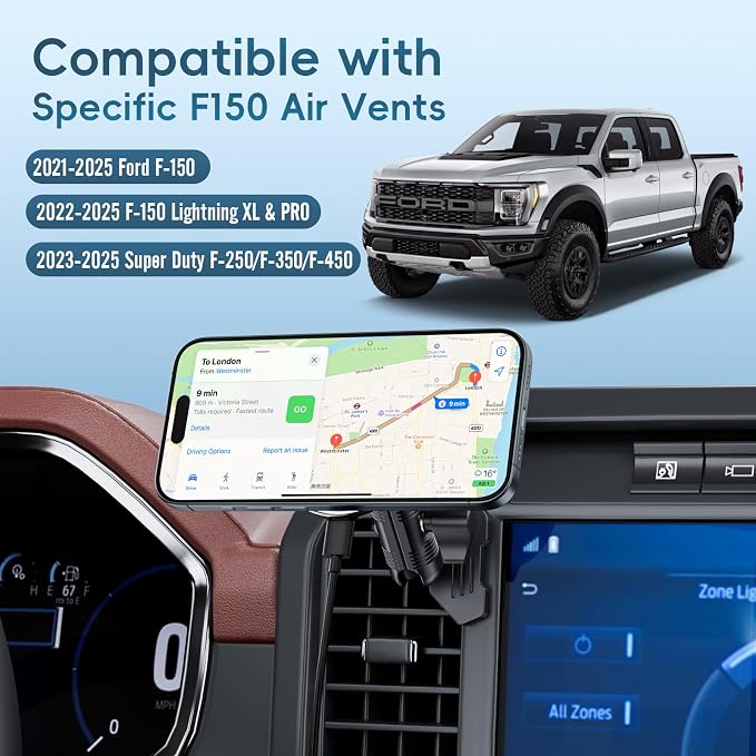 Kaishengyuan Wireless Charger Magnetic Vent Phone Mount Compatible with 2021-2025 Ford F-150, 2023-2025 Super Duty F250/F350/F450, Metal Phone Holder Cradles Bracket Stand for All Smartphone