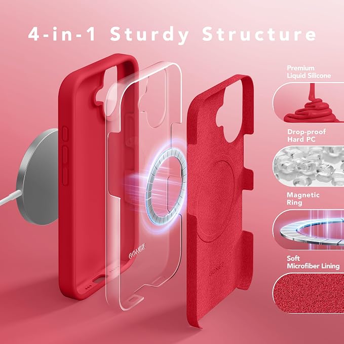 GONEZ Magnetic for iPhone 16 Case, Compatible with MagSafe, [Screen Protector + Camera Lens Protector], Liquid Silicone Shockproof Protective Phone Case for iPhone 16 6.1", Red