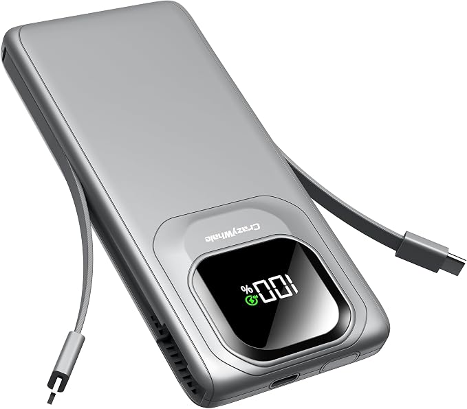 Portable Charger Power Bank with Built-in Type C Cables, 22.5W Fast Charging 10000mAh Phone Charger, Travel Battery Pack Slim Battery Bank with Smart LED Display for iPhone, Android & USB-C-Gray