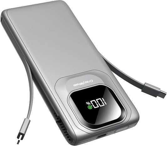 Portable Charger Power Bank with Built-in Type C Cables, 22.5W Fast Charging 10000mAh Phone Charger, Travel Battery Pack Slim Battery Bank with Smart LED Display for iPhone, Android & USB-C-Gray