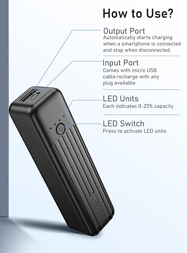 Miady 2-Pack Small Portable Charger 5000mAh Power Bank Travel Battery Pack | Dual USB丨Pocket Size丨Lightweight丨for Backpack丨Compatible with iPhone Android etc丨18.5Wh丨Flight-Safe丨Ultra-Compact丨Black+White