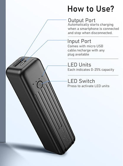 Miady 2-Pack Small Portable Charger 5000mAh Power Bank Travel Battery Pack | Dual USB丨Pocket Size丨Lightweight丨for Backpack丨Compatible with iPhone Android etc丨18.5Wh丨Flight-Safe丨Ultra-Compact丨Black+White