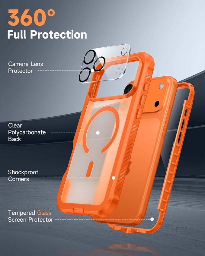 seacosmo for iPhone 17 Pro Case, Full Body Bumper with Built-in Tempered Glass Screen and Camera Lens Protector, Compatible with MagSafe, Shockproof 17 Pro Phone Case, 6.3", Orange Matte