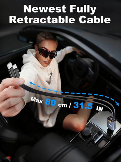 Bluetooth Car Adapter with Retractable Charger,[Upgrade] Bluetooth 5.4 FM Transmitter for Cars, 4 in 1 Fast Car Charger 69W, Handsfree Call, 2*Retractable Cable for iPhone 17/16/15/14, Galaxy-Gray
