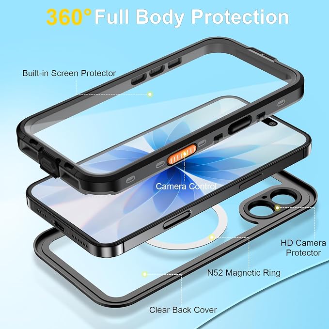 Beasyjoy for iPhone 17 Case Waterproof, Built-in Screen Protector & Full Body Protection, Heavy Duty Rugged Military Shockproof Dustproof Case for Outdoor, Compatible with MagSafe, 6.3 inch Black