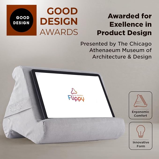 Flippy Original Tablet Pillow Stand & iPad Holder, Gift for Book Lovers & Readers, Multi-Angle Stand with Storage for Lap, Desk & Bed, Compatible with Kindle, Fire, iPad & Samsung, Greyster