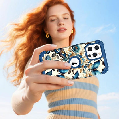 Hocase for iPhone 15 Pro Max Case, Heavy Duty Shockproof Protection Soft Silicone Rubber Bumper+Hard Plastic Hybrid Protective Case for iPhone 15 Pro Max 6.7" 2023 - Blue Butterflies